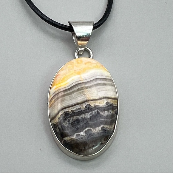 New Zebra Calcite Agate Stone Silver Overlay Pendant Necklace w Cord - Picture 4 of 8